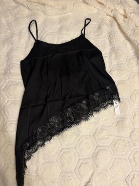 Satin Lace-Hem Black Slip Chemise with Adjustable Straps